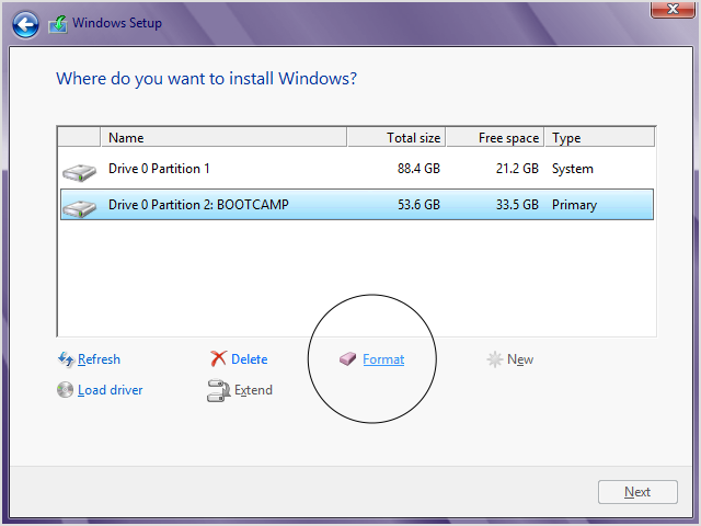 显示“格式化”按钮的 Windows 安装程序窗口