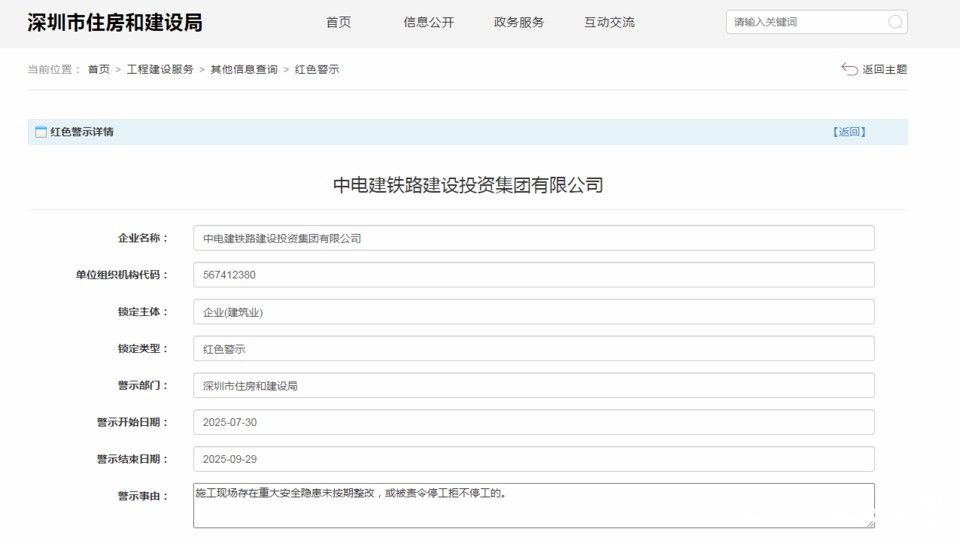 施工现场存在重大安全隐患未按期整改，电建铁路公司被列入深圳住建局红色警示两个月